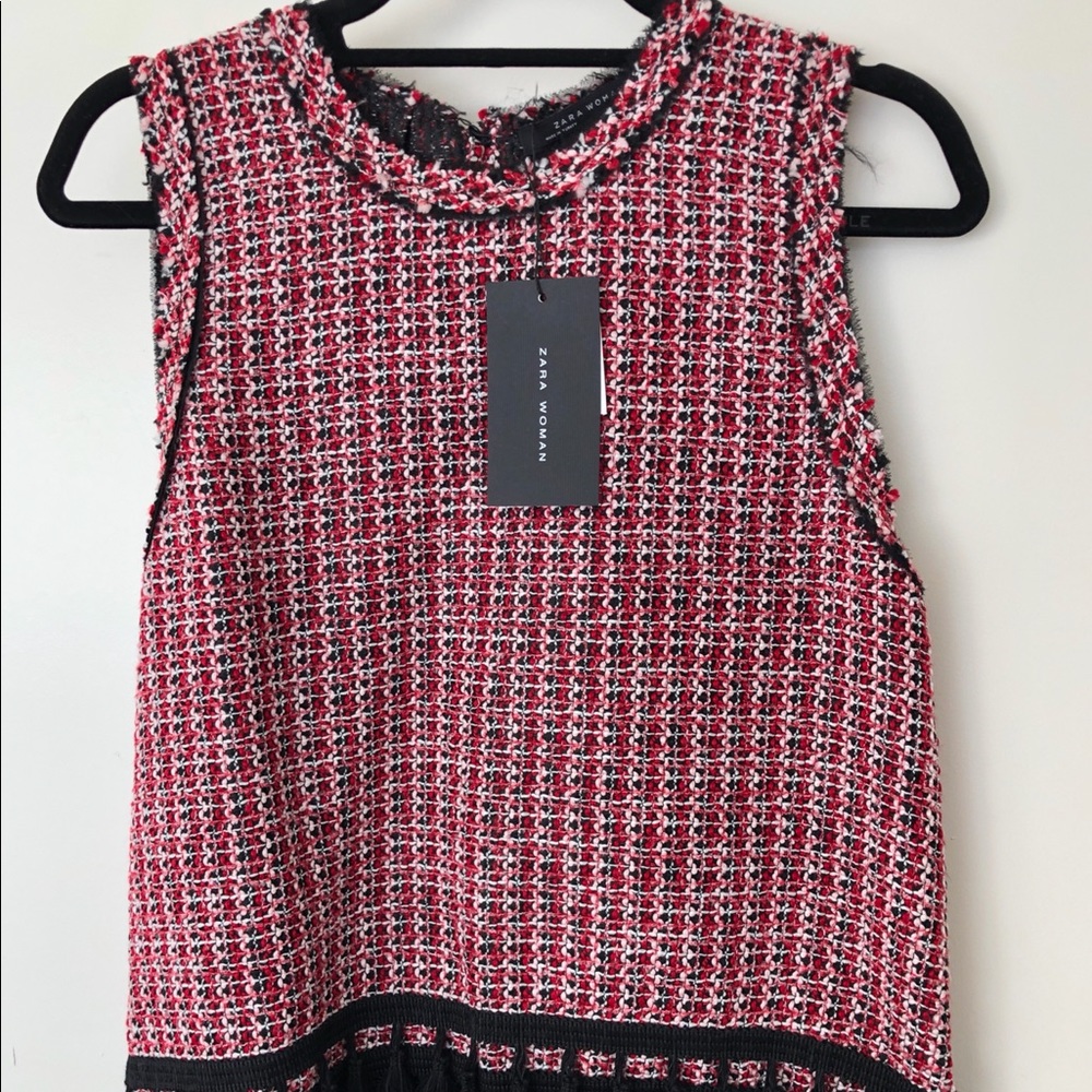 NWT Red Zara tweed tank with black fringe size S